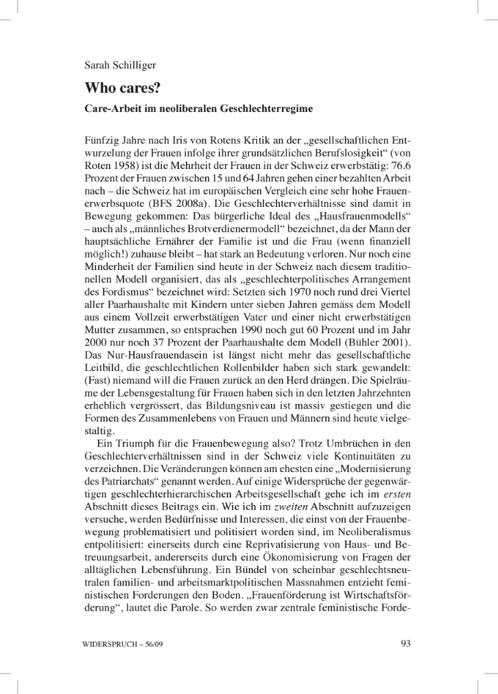Sarah Schilliger – Who cares? : Care-Arbeit im neoliberalen Geschlechterregime